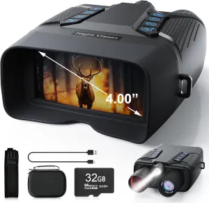 Night Vision Goggles, Night Vision Binoculars for Adult, 4.0” Screen, 4K UHD Video & 40MP Image, 8X Digital Zoom, 32GB Card, 2000FT Infrared Binoculars with Tactical Light for Camping Hunting