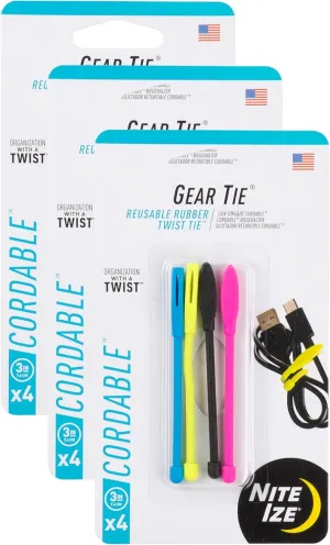 Nite Ize Gear Tie Cordable, The Original Reusable Rubber Twist Tie with Stretch-Loop For Cord Management   Storage, 3-Inch, Assorted Colors, 12 Pack, Made in the USA
