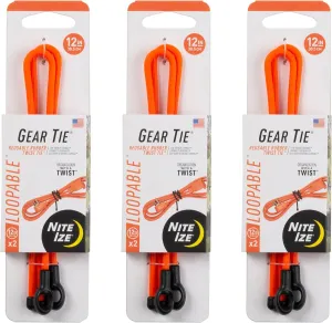 Nite Ize Gear Tie Loopable Twist Tie - Reusable & Flexible Twist Ties - Bendable Cable Ties for Gear & Cords - Loopable for Secure Fastening - 12", Bright Orange (3 Pack)