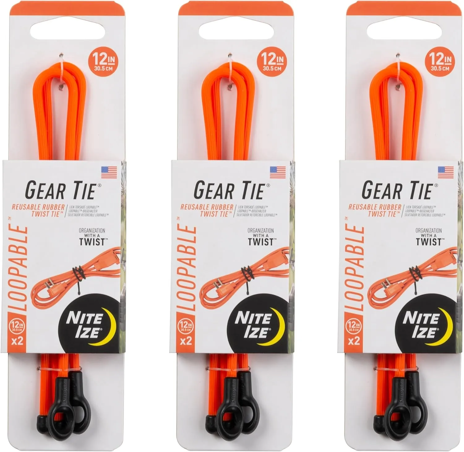 Nite Ize Gear Tie Loopable Twist Tie - Reusable & Flexible Twist Ties - Bendable Cable Ties for Gear & Cords - Loopable for Secure Fastening - 12", Bright Orange (3 Pack)