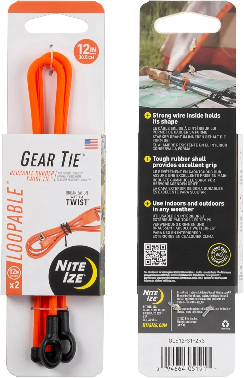 Nite Ize Gear Tie Loopable Twist Tie - Reusable & Flexible Twist Ties - Bendable Cable Ties for Gear & Cords - Loopable for Secure Fastening - 12", Bright Orange (3 Pack)