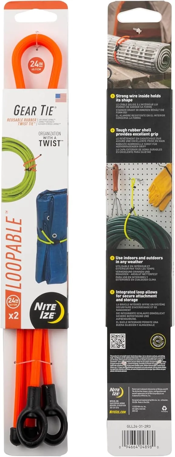 Nite Ize Gear Tie Loopable Twist Tie - Reusable & Flexible Twist Ties - Bendable Cable Ties for Gear & Cords - Loopable for Secure Fastening - 24", Bright Orange (3 Pack)