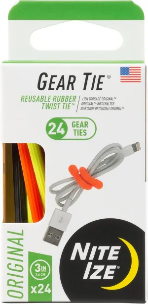 Nite Ize Original Gear Tie - 3-Inch Reusable Rubber Twist Tie - Reusable Gear Ties - Electric Cord Organizers - Twist Ties for Cords - Reusable Zip Ties - Assorted Colors, 3-Inch, 24 Pack