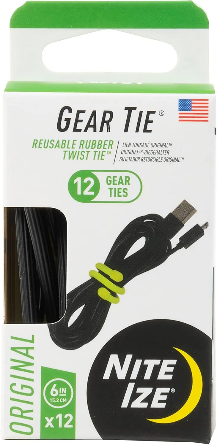 Nite Ize Original Gear Tie - 6-Inch Reusable Rubber Twist Tie - Reusable Gear Ties - Electric Cord Organizers - Twist Ties for Cords - Reusable Zip Ties - Black, 6-Inch, 12 Pack