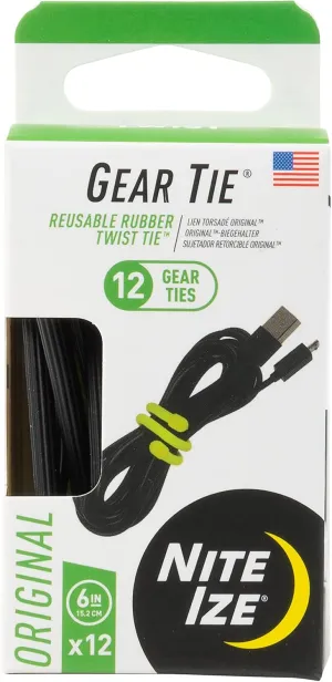 Nite Ize Original Gear Tie - 6-Inch Reusable Rubber Twist Tie - Reusable Gear Ties - Electric Cord Organizers - Twist Ties for Cords - Reusable Zip Ties - Black, 6-Inch, 12 Pack