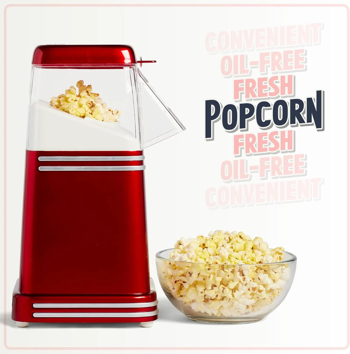 Nostalgia Hot-Air Electric Popcorn Maker, 8 Cups, Healthy Oil Free Popcorn with Measuring Scoop, Retro Red