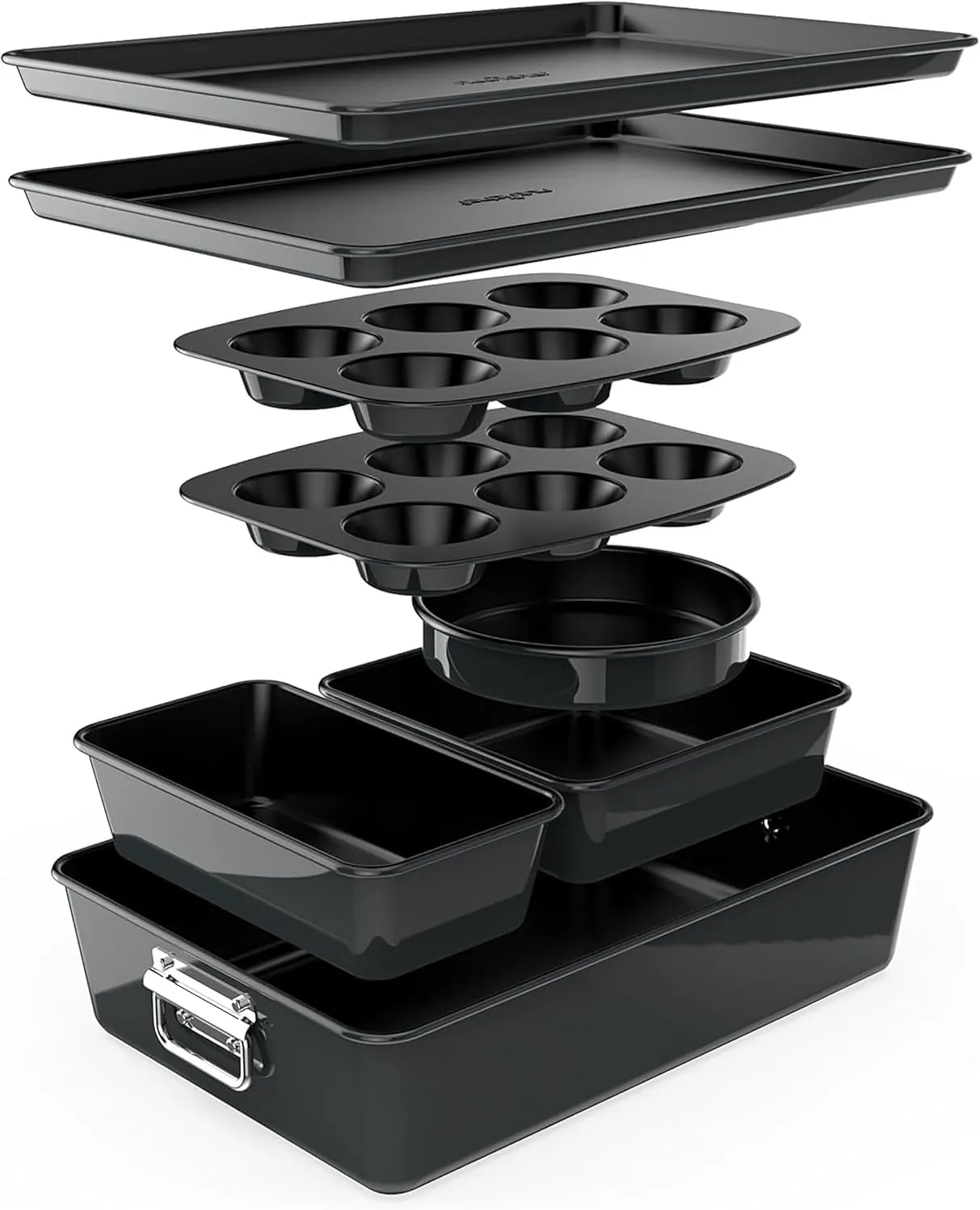 NutriChef 8-Piece Stackable Nonstick Bakeware Set - Premium Steel Baking Tray Set - Includes Round Cake Pan, 6-Cup Muffin Pans, Wide/Square Brownie & Loaf Pans, Cookie Sheet, & Roaster Pan (Black)