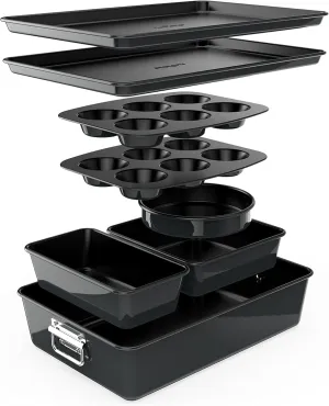 NutriChef 8-Piece Stackable Nonstick Bakeware Set - Premium Steel Baking Tray Set - Includes Round Cake Pan, 6-Cup Muffin Pans, Wide/Square Brownie & Loaf Pans, Cookie Sheet, & Roaster Pan (Black)