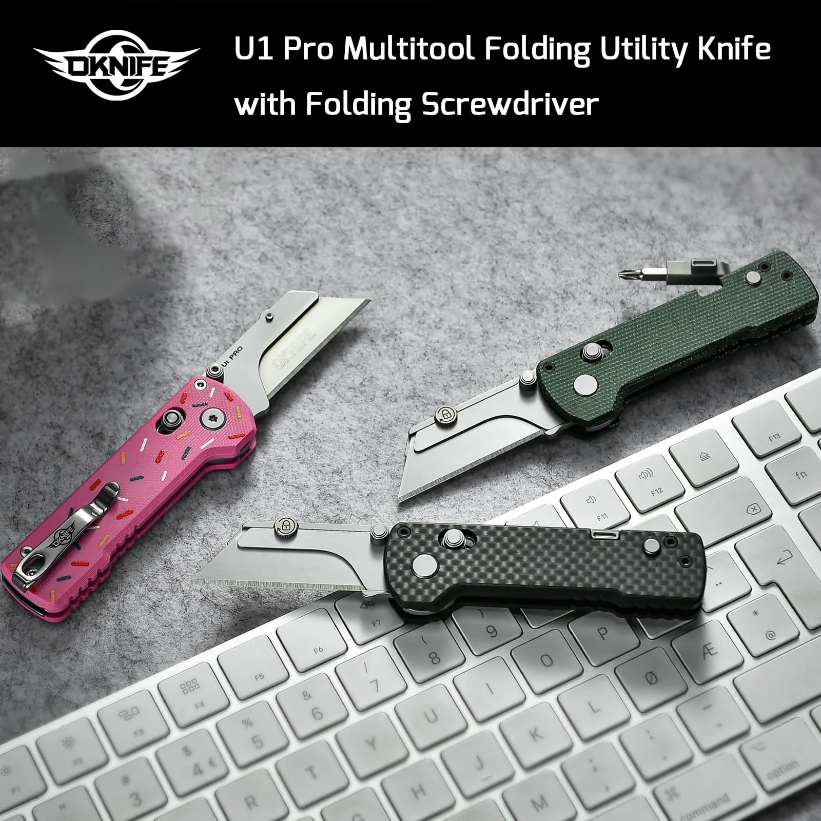 OKNIFE U1 Pro Multitool Folding Utility Knife with Folding Screwdriver, Quick Change Blade, Rail Lock & Pocket Clip for Men and Women (Carbon Fiber Overlay） Carbon Fiber Black