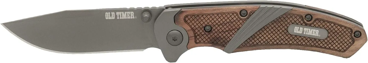 Old Timer OT Wood 7in High Carbon S.S. Spring Assisted Folding Knife with a 3in Drop Point Blade and Ironwood Handle for Outdoor
