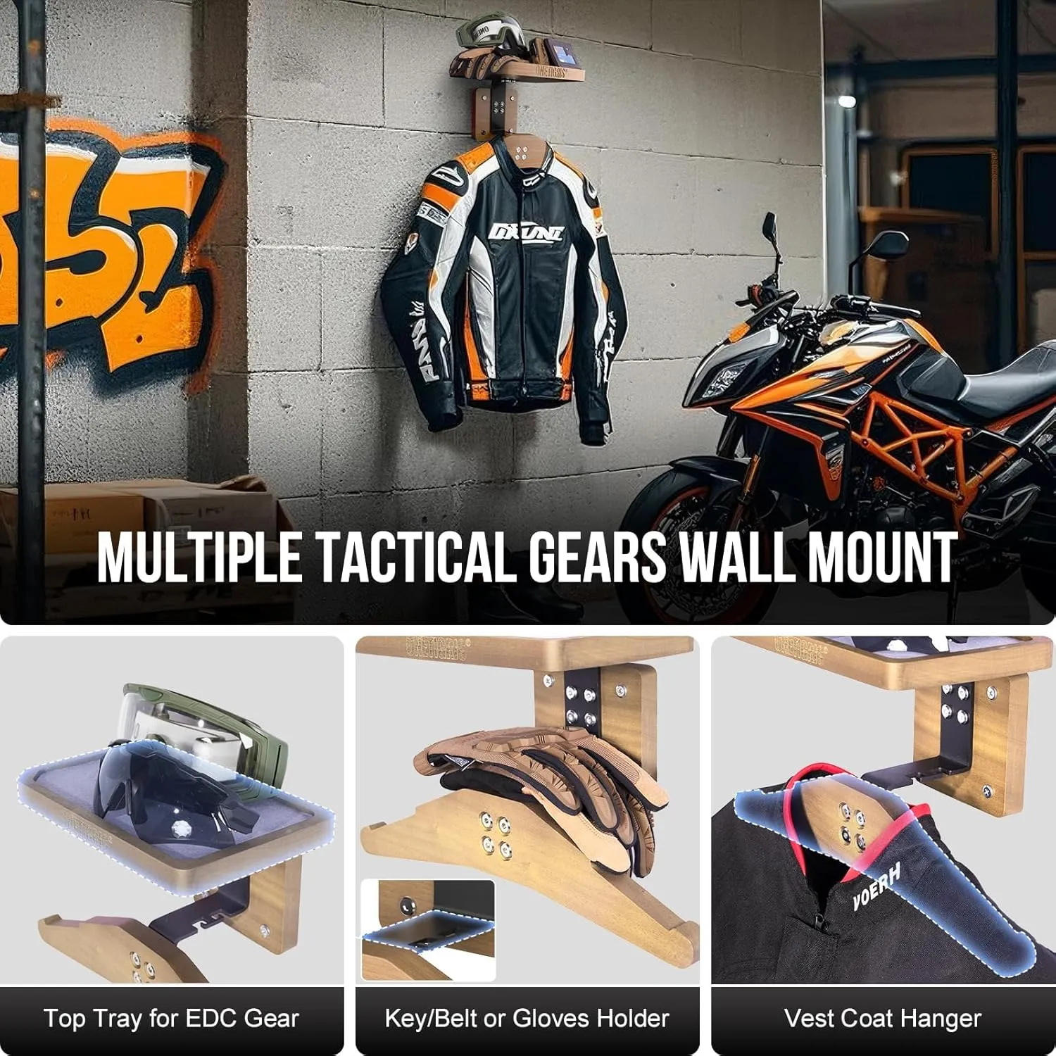 OneTigris Tactical Vest Hanger - Multipurpose Tactical Gear Wall Mount Rack, Solid Wood Plate Carrier Holder with Top Tray for Tactical Equipment Motorcycle Football Skating Gear Display & Storage