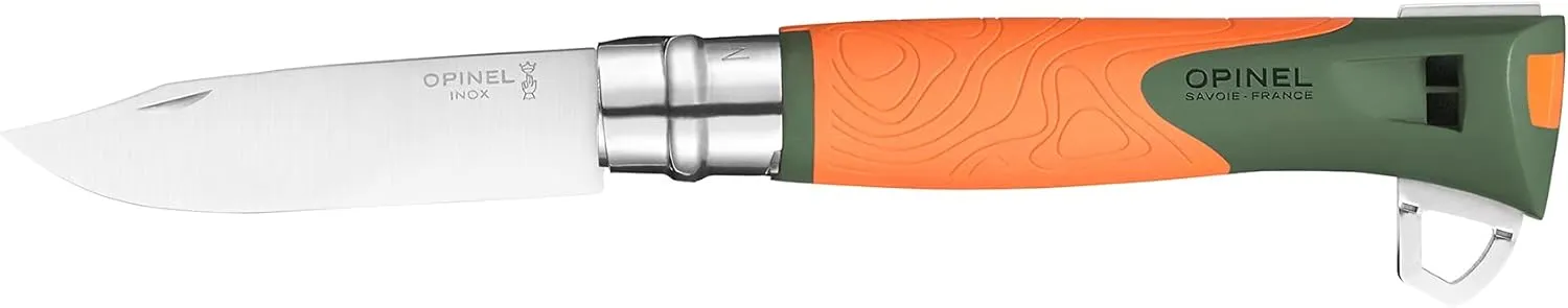 OPINEL No.12 Explore with Tick Remover, Bushcraft Survival Outdoor Camping Knife, Integrated Whistle, Cutting Hook, Made in France (Orange)