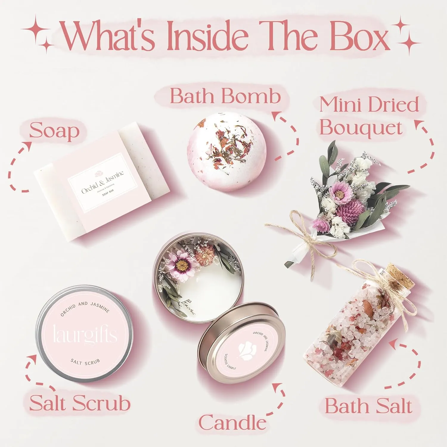 Orchid & Jasmine Spa Gift Baskets for Women – Scented Self Care Shower Essential - Elegant Kit for Mom, Wife, Sister, Friend - Body Bath Set - Aromatic Box for Occasions - Home Spa-Inspired