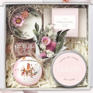 Orchid & Jasmine Spa Gift Baskets for Women – Scented Self Care Shower Essential - Elegant Kit for Mom, Wife, Sister, Friend - Body Bath Set - Aromatic Box for Occasions - Home Spa-Inspired