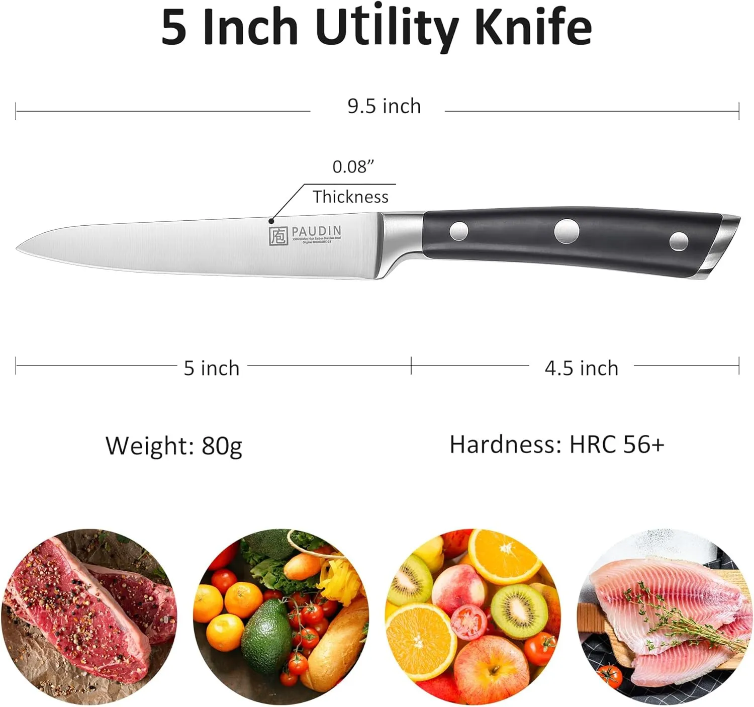 PAUDIN Utility Knife, Switzer Chefs Knife 5 Inch, Ultra Sharp High Carbon Stainless Steel Paring Knife, Multipurpose Kitchen Knife for Fruit and Vegetable Cutting with ABS Handle, Premium Gift Box