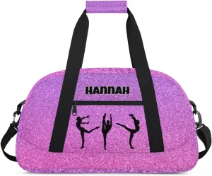 Personalized Gymnastics Bag, Gradient Pink Purple Bling Glitters Custom Dancing Ballet Gym Bag with Name Overnight Large Sports Duffel Bag for Train Bag