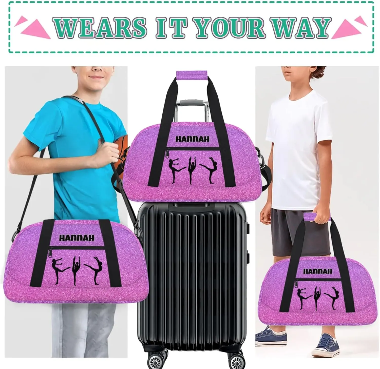Personalized Gymnastics Bag, Gradient Pink Purple Bling Glitters Custom Dancing Ballet Gym Bag with Name Overnight Large Sports Duffel Bag for Train Bag