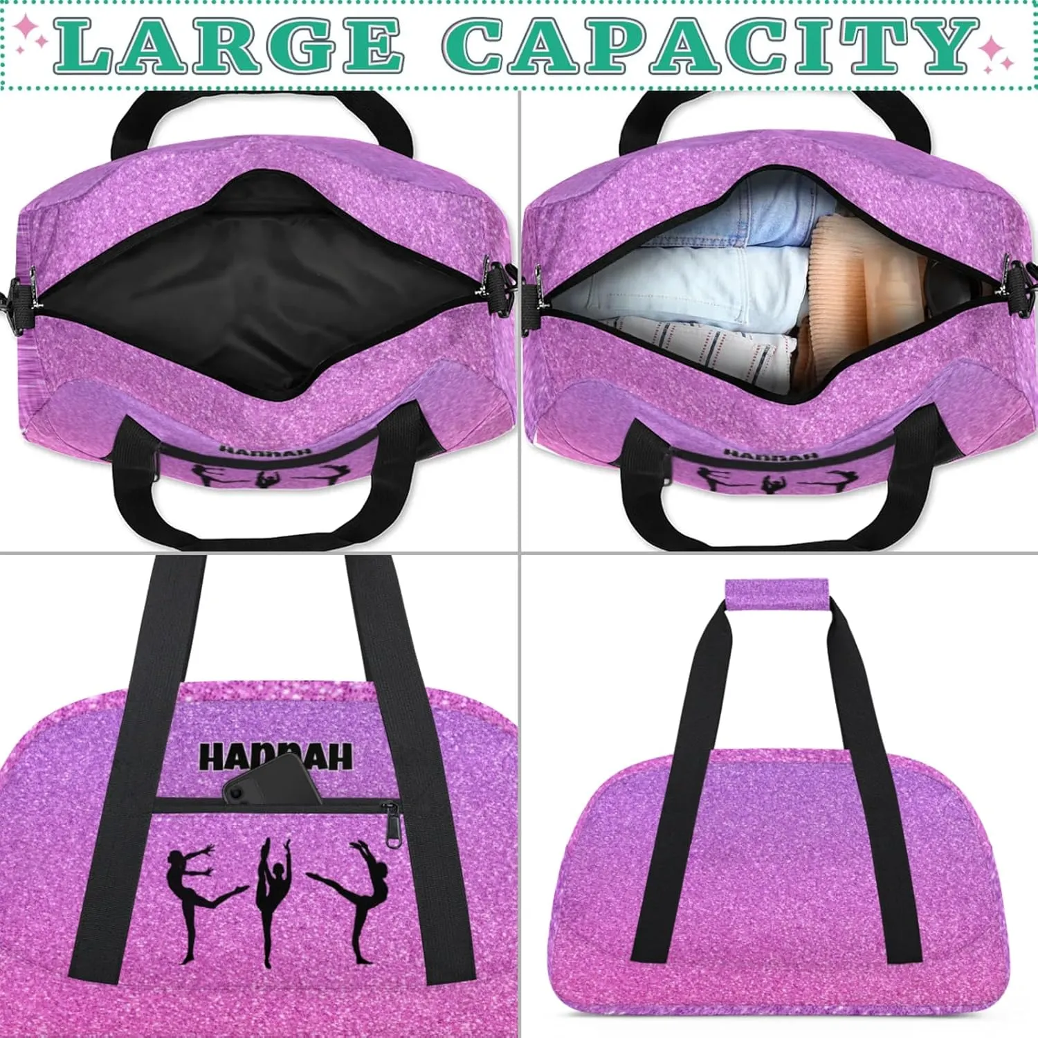 Personalized Gymnastics Bag, Gradient Pink Purple Bling Glitters Custom Dancing Ballet Gym Bag with Name Overnight Large Sports Duffel Bag for Train Bag