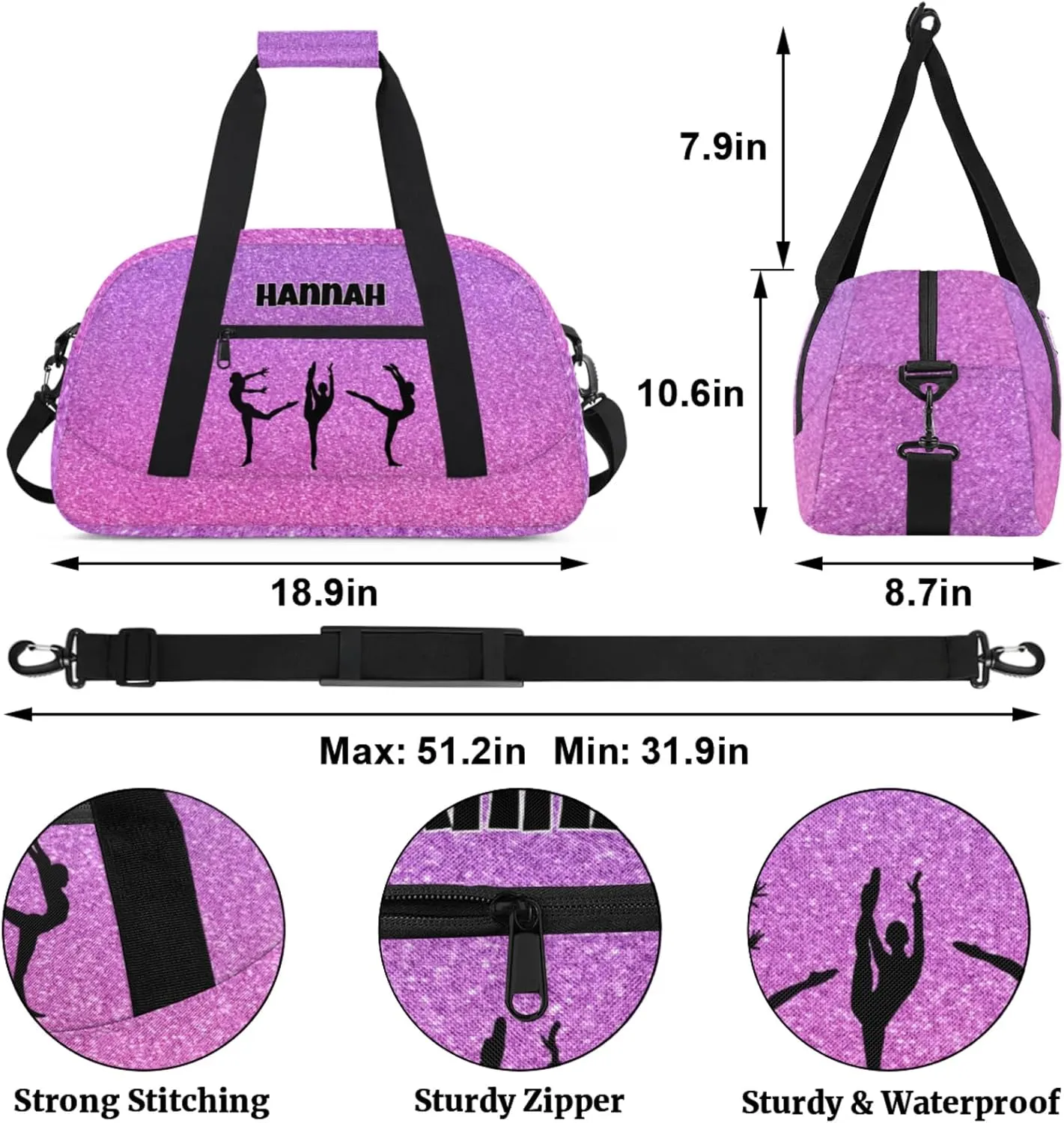 Personalized Gymnastics Bag, Gradient Pink Purple Bling Glitters Custom Dancing Ballet Gym Bag with Name Overnight Large Sports Duffel Bag for Train Bag