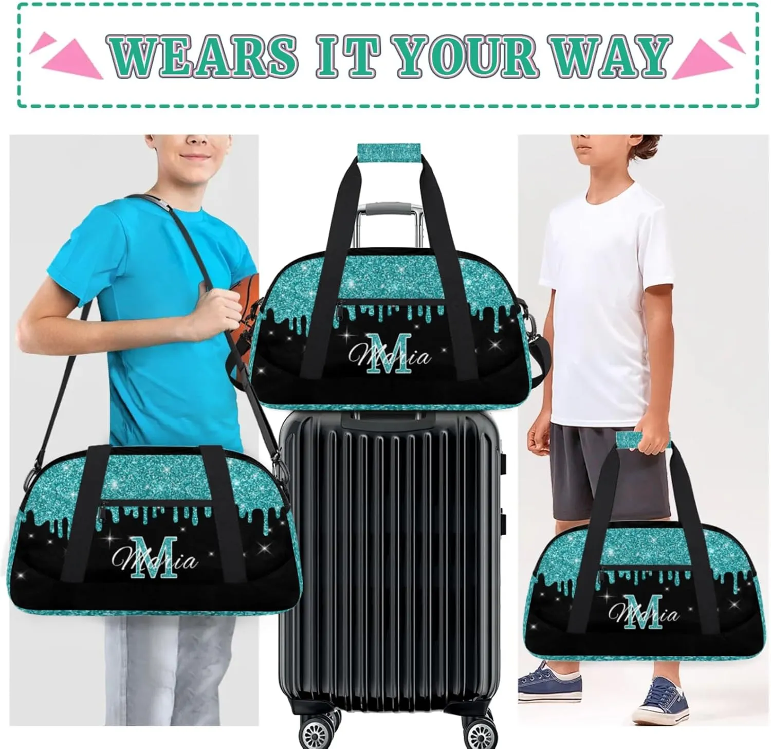 Personalized Kids Sports Duffel Bag with Name Custom Gym Dance Bag for Boys Girls Waterproof Weekender Overnight Bag for Travel Cheerleading Gymnastics Cyan