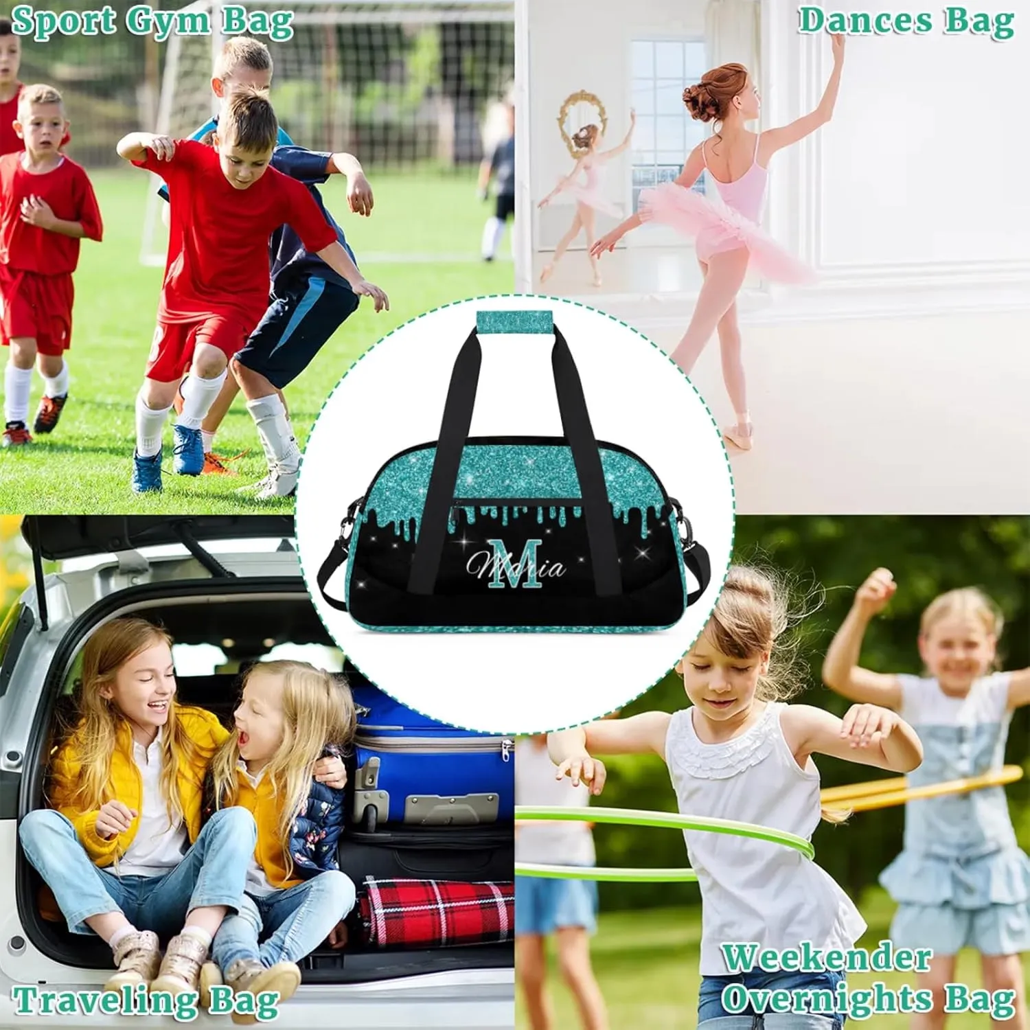 Personalized Kids Sports Duffel Bag with Name Custom Gym Dance Bag for Boys Girls Waterproof Weekender Overnight Bag for Travel Cheerleading Gymnastics Cyan
