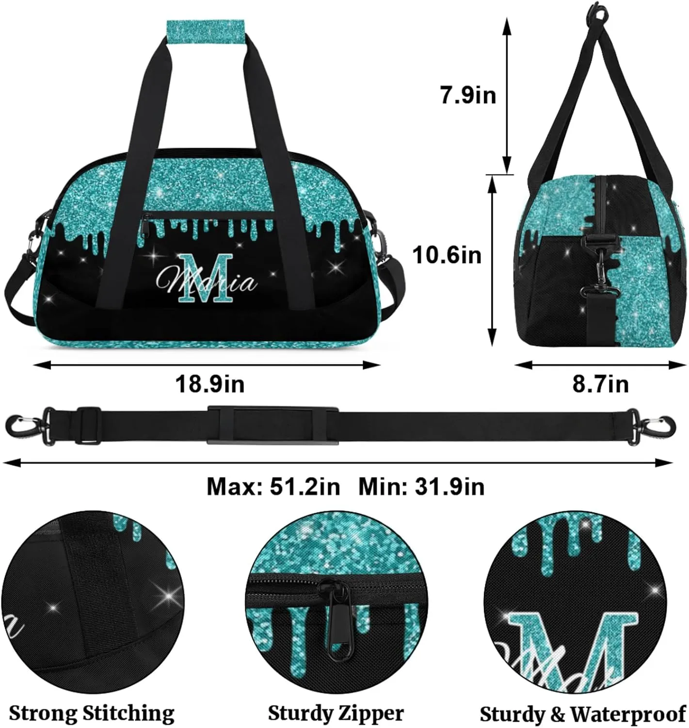 Personalized Kids Sports Duffel Bag with Name Custom Gym Dance Bag for Boys Girls Waterproof Weekender Overnight Bag for Travel Cheerleading Gymnastics Cyan