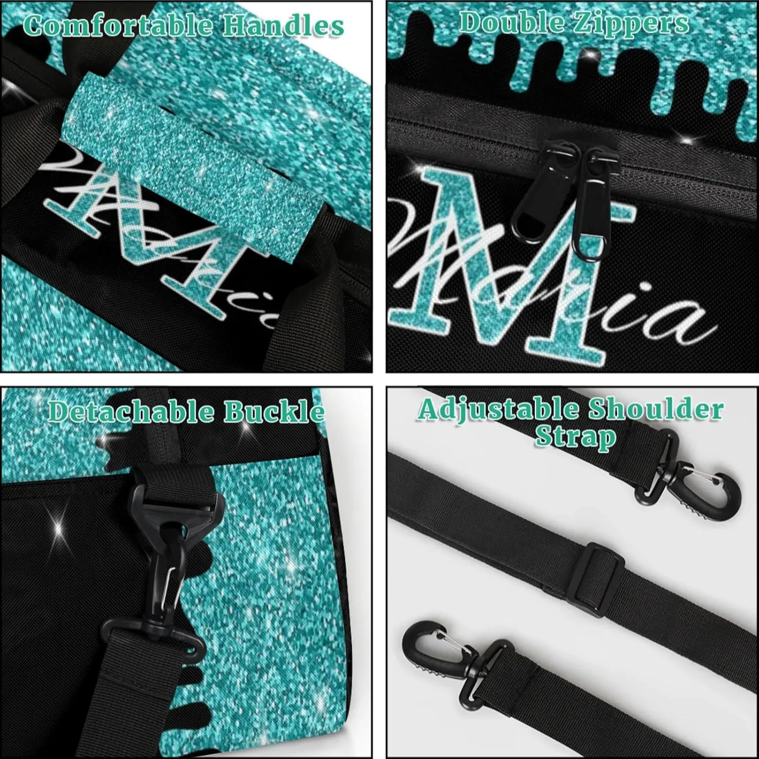 Personalized Kids Sports Duffel Bag with Name Custom Gym Dance Bag for Boys Girls Waterproof Weekender Overnight Bag for Travel Cheerleading Gymnastics Cyan