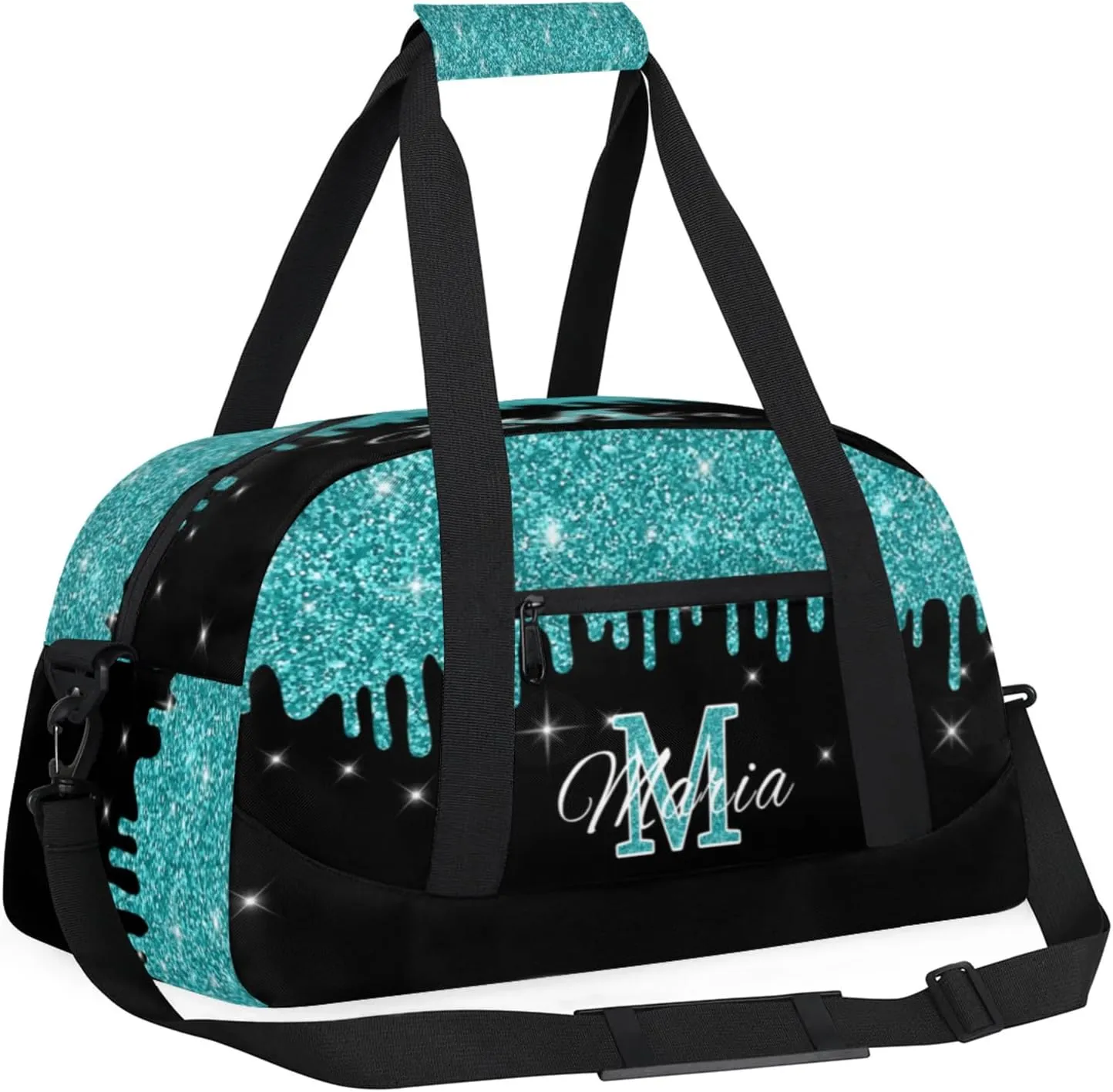 Personalized Kids Sports Duffel Bag with Name Custom Gym Dance Bag for Boys Girls Waterproof Weekender Overnight Bag for Travel Cheerleading Gymnastics Cyan
