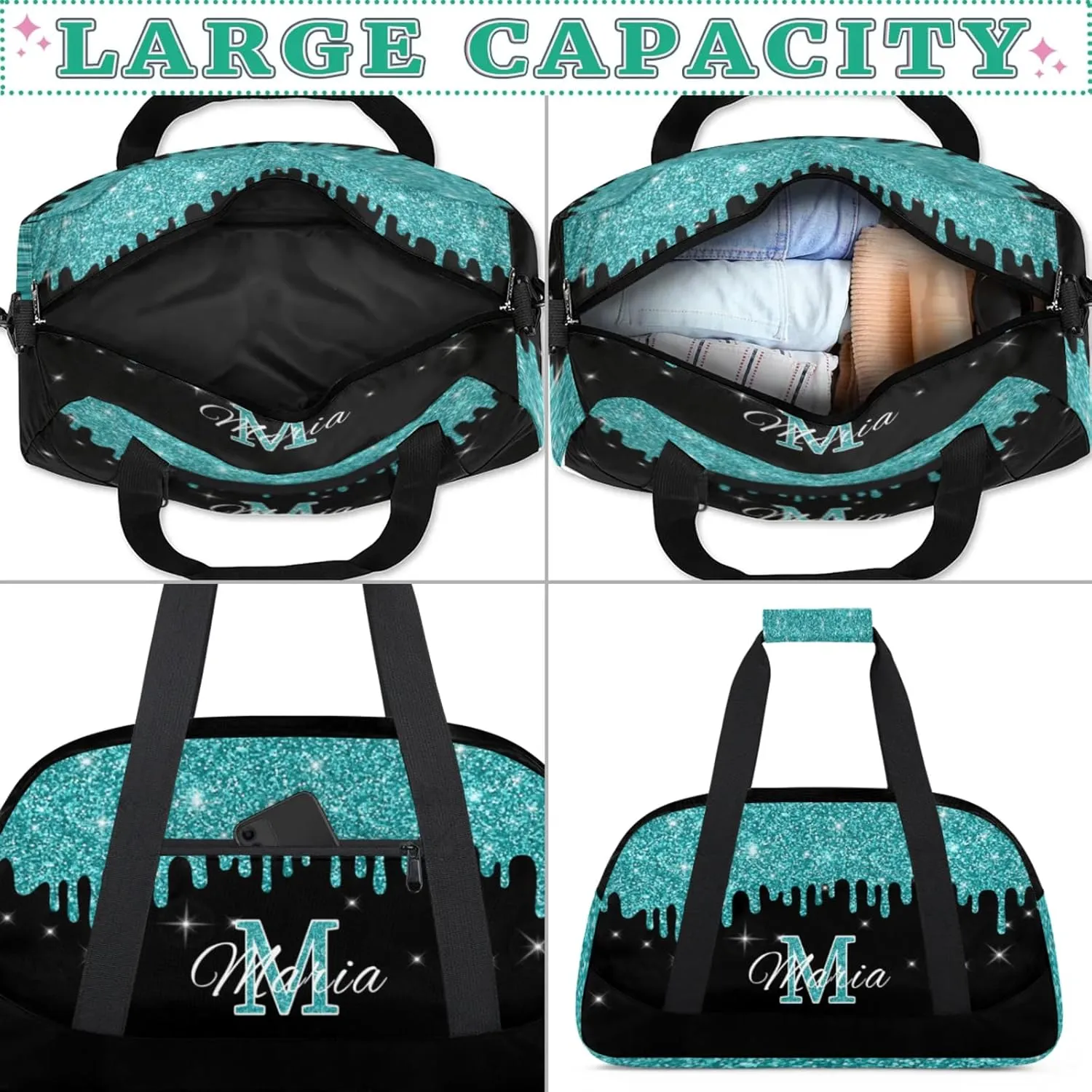 Personalized Kids Sports Duffel Bag with Name Custom Gym Dance Bag for Boys Girls Waterproof Weekender Overnight Bag for Travel Cheerleading Gymnastics Cyan
