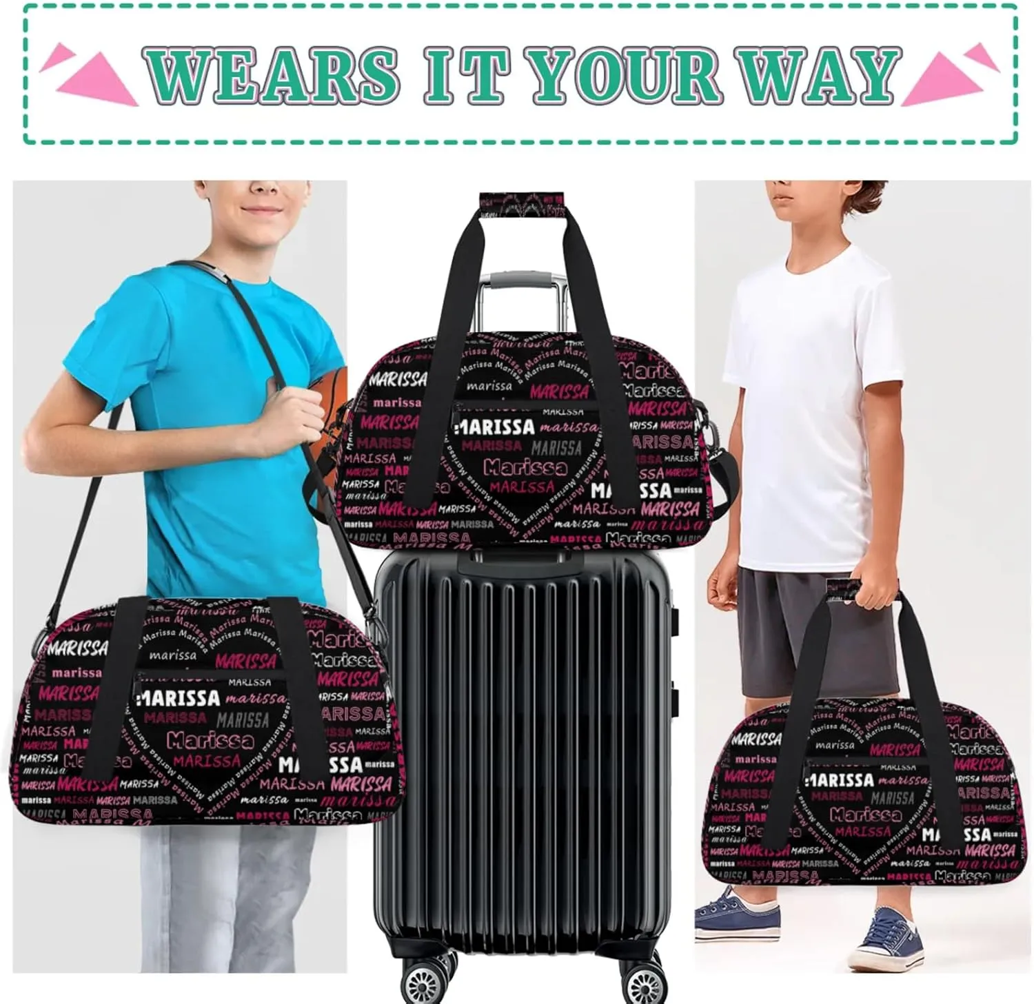 Personalized Kids Sports Duffel Bag with Name Custom Gym Dance Bag for Boys Girls Waterproof Weekender Overnight Bag for Travel Cheerleading Gymnastics Heart Black Red