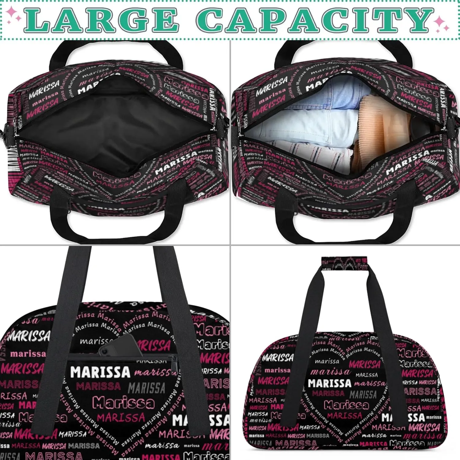 Personalized Kids Sports Duffel Bag with Name Custom Gym Dance Bag for Boys Girls Waterproof Weekender Overnight Bag for Travel Cheerleading Gymnastics Heart Black Red