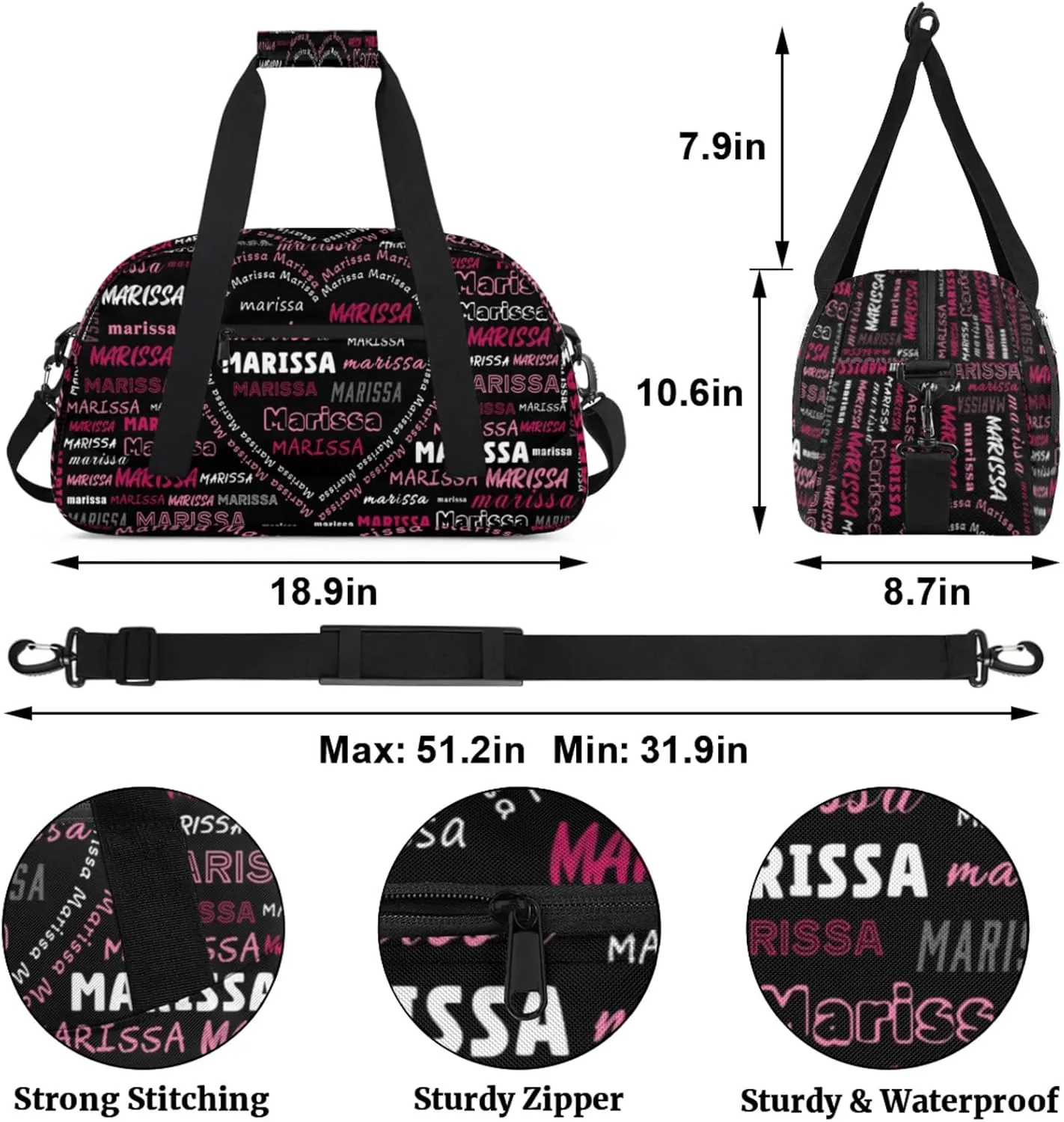Personalized Kids Sports Duffel Bag with Name Custom Gym Dance Bag for Boys Girls Waterproof Weekender Overnight Bag for Travel Cheerleading Gymnastics Heart Black Red