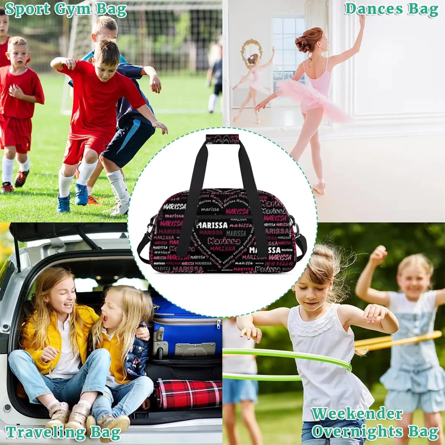 Personalized Kids Sports Duffel Bag with Name Custom Gym Dance Bag for Boys Girls Waterproof Weekender Overnight Bag for Travel Cheerleading Gymnastics Heart Black Red