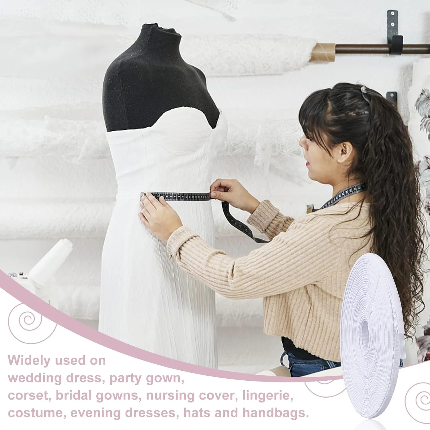 PH PandaHall 12 Yards Cotton Covered Boning Roll White Sew-Through Low Density Boning 11mm Wide for Wedding Dress Nursing Caps Corset Bridal Gowns Swimwear Hats Handbags