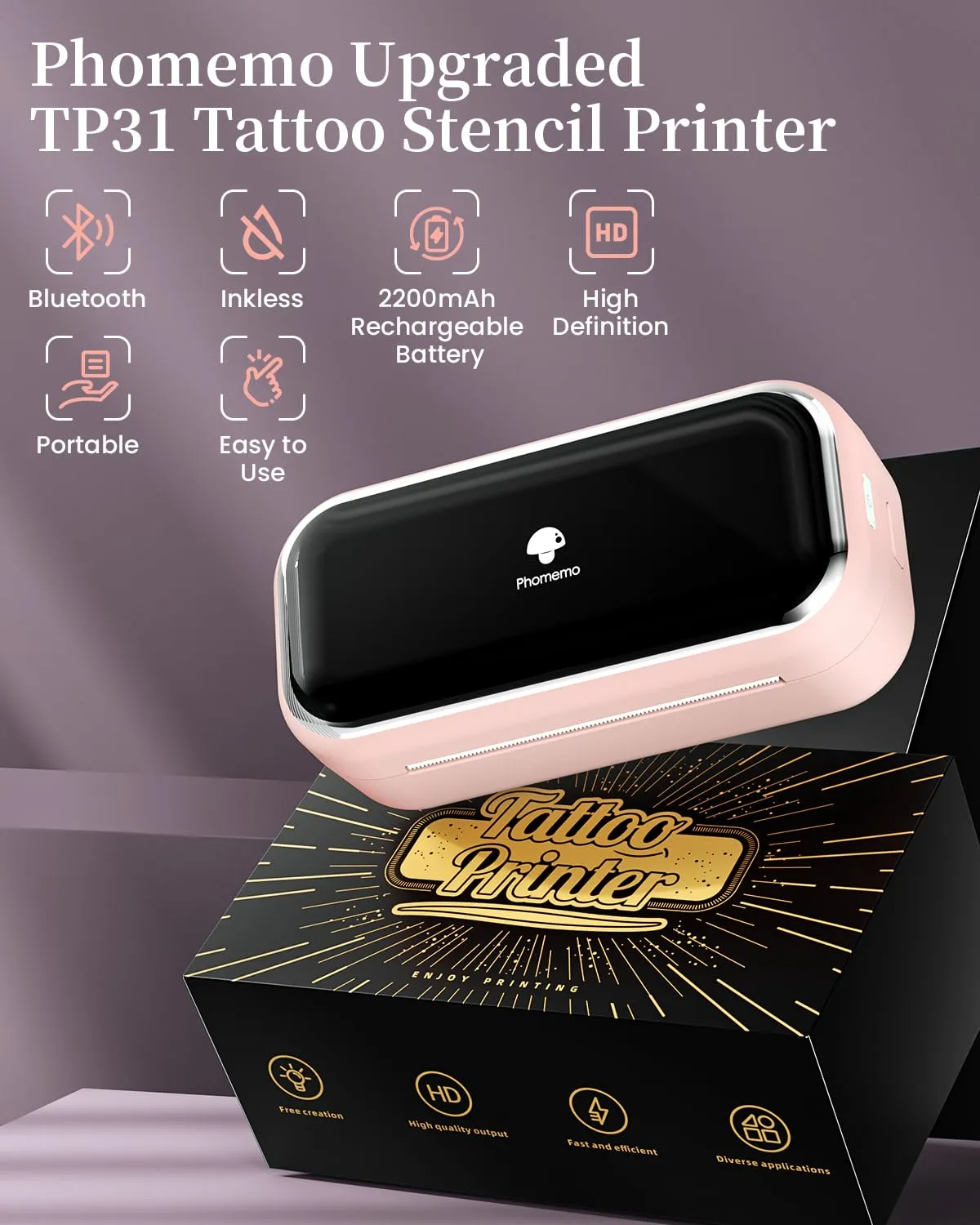 Phomemo Tattoo Stencil Printer, TP31 Mini Tattoo Machine with 30pcs Transfer Paper, Bluetooth Stencil Printer for Tattooing, Compatible with Phone & Tablet, Pink
