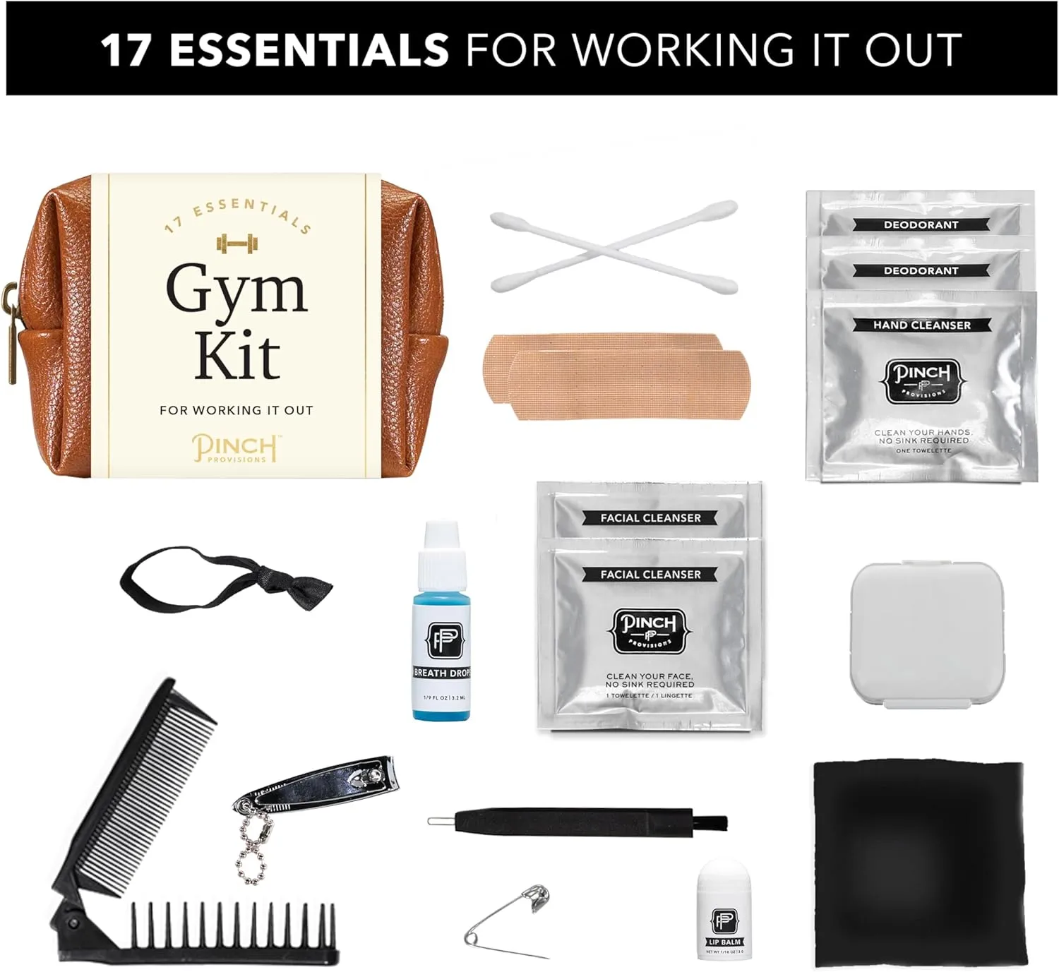 Pinch Provisions Gym Kit, Includes 15 Personal Care Essentials for Wellness & Beauty, Perfect for Gifts, Gym Bags, Duffle Bags & Lockers (Cognac)