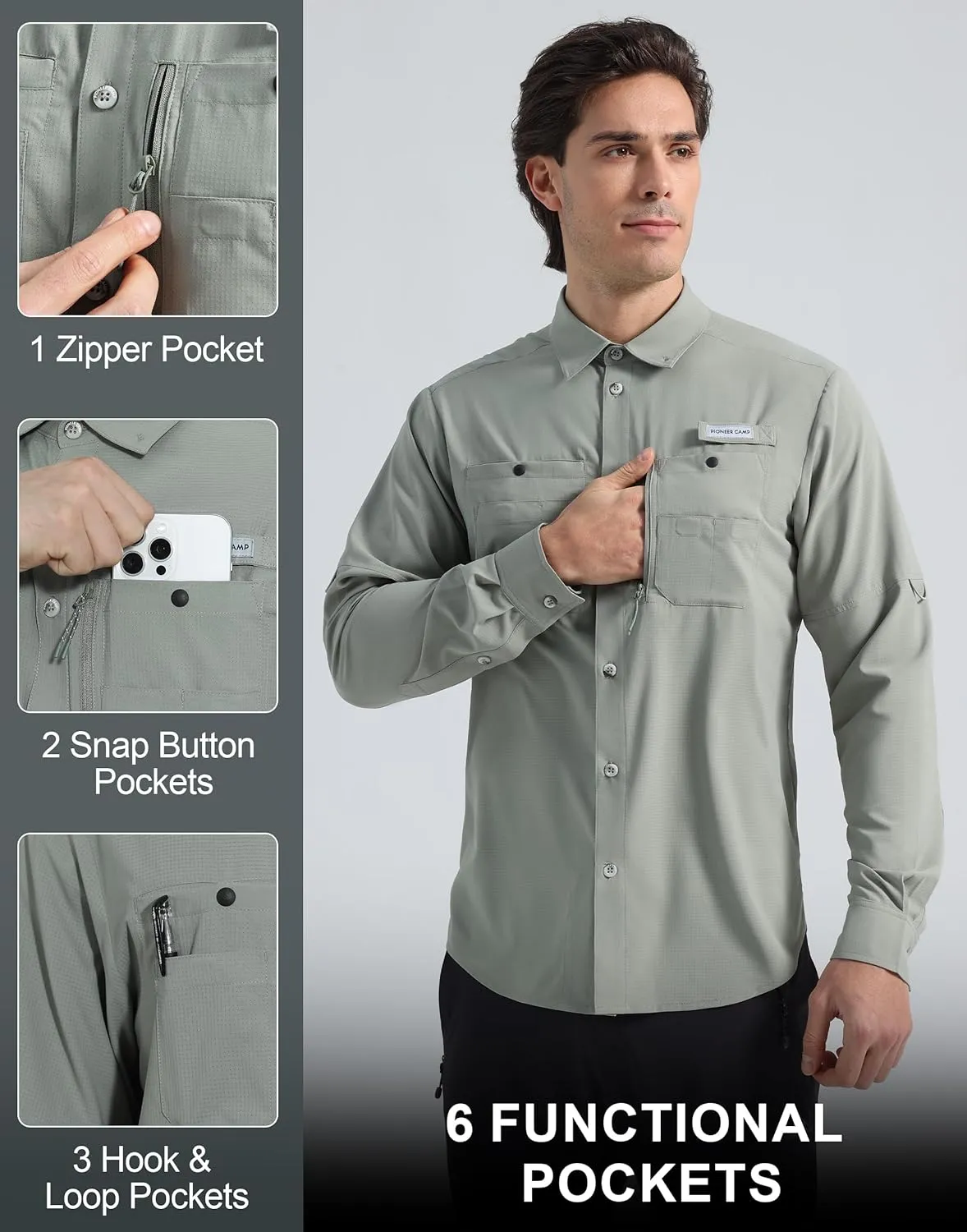 Pioneer Camp Men's Fishing Shirts Long Sleeve UPF50  Sun Protection UV Button Down Shirts Quick Dry Cooling for Hiking Safari