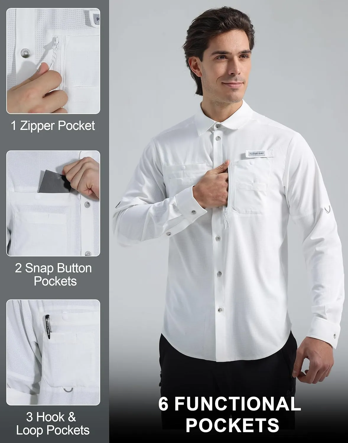 Pioneer Camp Men's Fishing Shirts Long Sleeve UPF50  Sun Protection UV Button Down Shirts Quick Dry Cooling for Hiking Safari