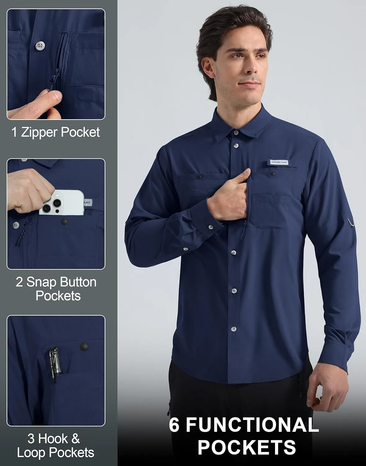 Pioneer Camp Men's Fishing Shirts Long Sleeve UPF50  Sun Protection UV Button Down Shirts Quick Dry Cooling for Hiking Safari