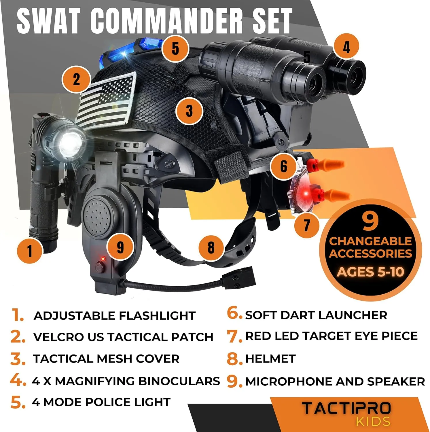 Police kids toy soldier Army SWAT Helmet Commander Set. megaphone led scope, dart toy gun & 4X Binoculars