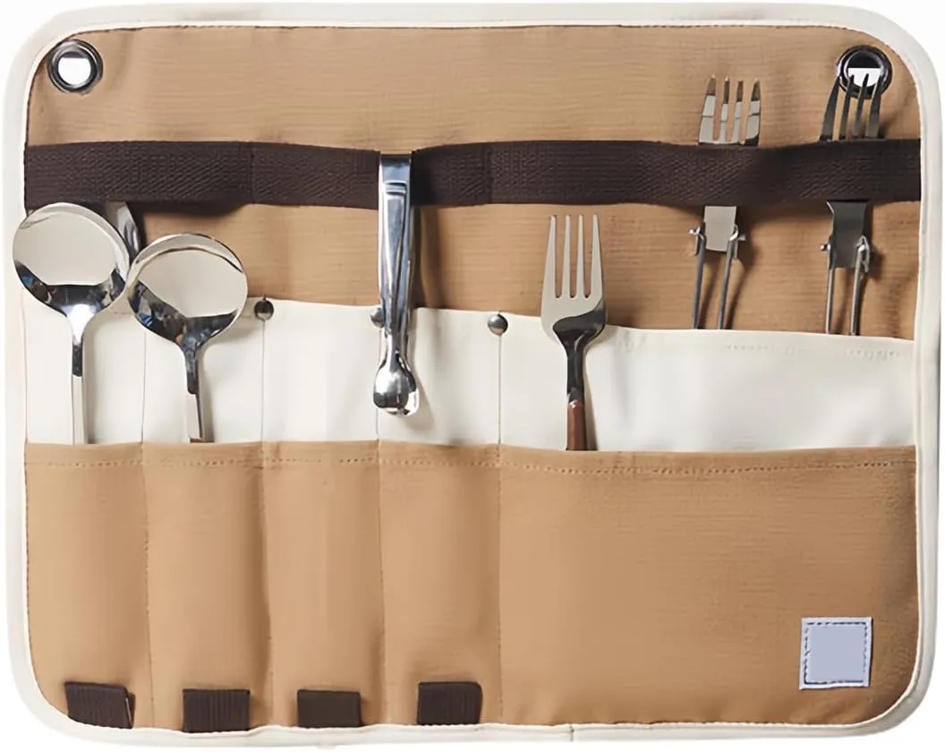 Portable Cutlery Storage Bag Roll Up Cutlery Bag, Outdoor Camping Hanging Cutlery Organizer for Forks, Spoons