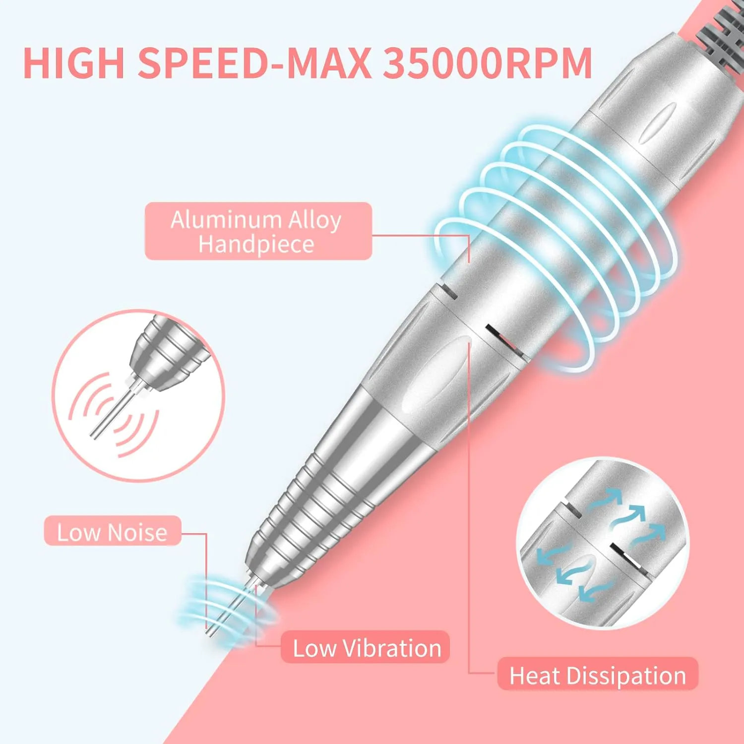 Portable Nail Drill Professional 35000 RPM, MOCOWIND Rechargeable Electric Nail File Machine for Acrylic Nails Gel Polishing Removing, Cordless E-File with Bits Kit for Manicure Salon Home, White