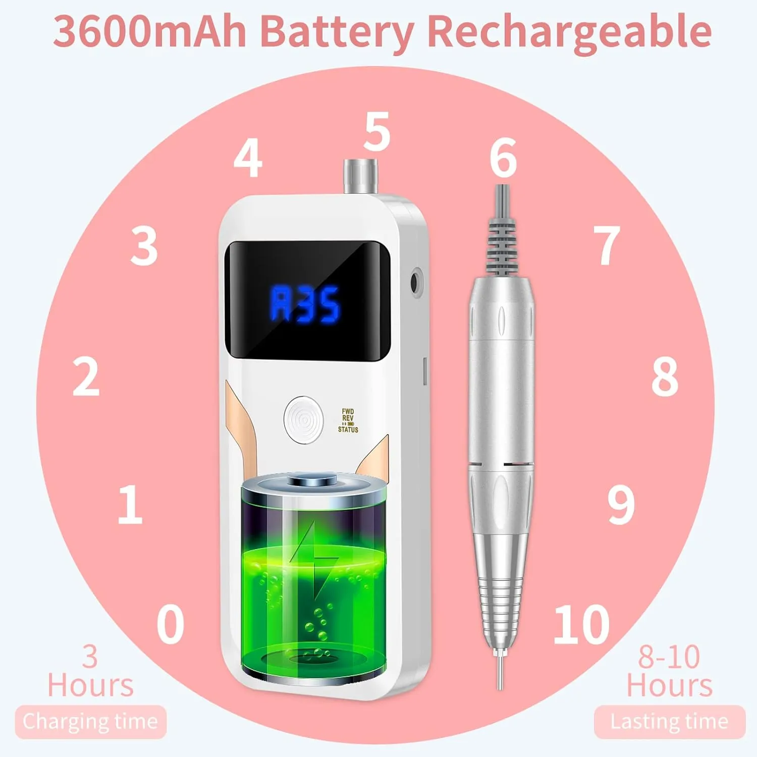 Portable Nail Drill Professional 35000 RPM, MOCOWIND Rechargeable Electric Nail File Machine for Acrylic Nails Gel Polishing Removing, Cordless E-File with Bits Kit for Manicure Salon Home, White