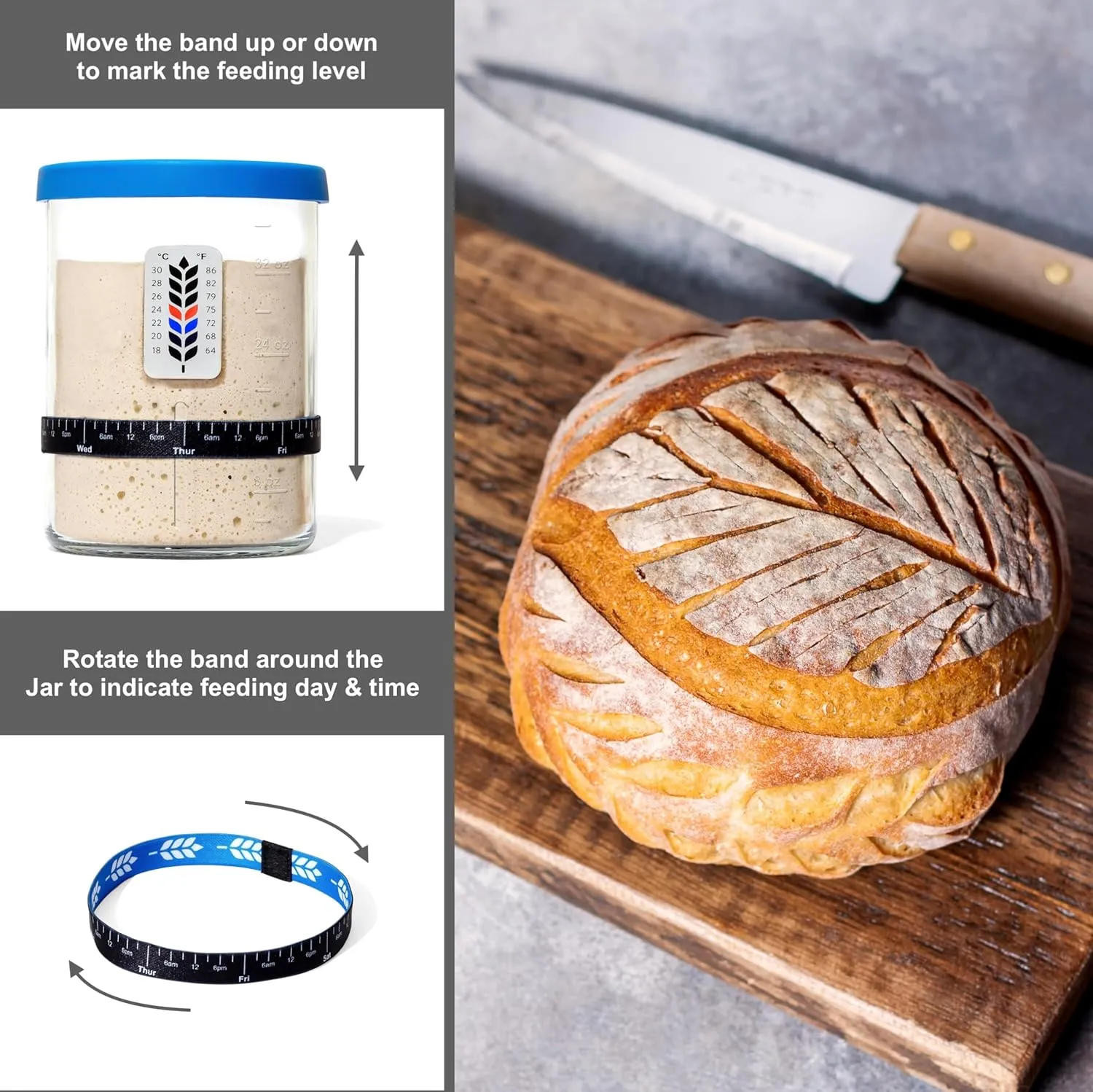 Premium Sourdough Starter Jar - 40oz Large Sourdough Jar with Marked Feeding Band, Thermometer, Scraper, Cloth Cover and Silicone Lid/Base, Wide Mouth Starter Kit - Blue