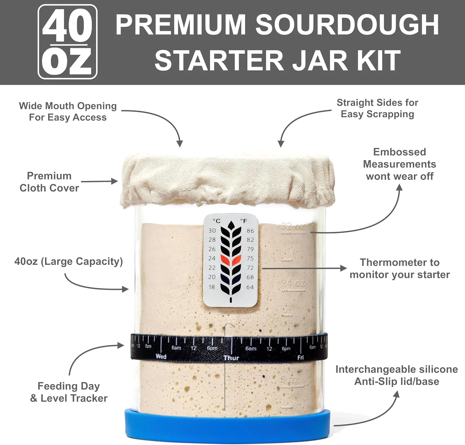 Premium Sourdough Starter Jar - 40oz Large Sourdough Jar with Marked Feeding Band, Thermometer, Scraper, Cloth Cover and Silicone Lid/Base, Wide Mouth Starter Kit - Blue