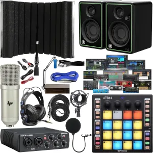 Presonus AudioBox 96 USB Audio/MIDI Interface with New Version Software Pack with CR3-XBT Multimedia Bluetooth Monitors, ATOM MIDI Pad Controller, Boom Arm   Headphones & Isolation Recording Shield