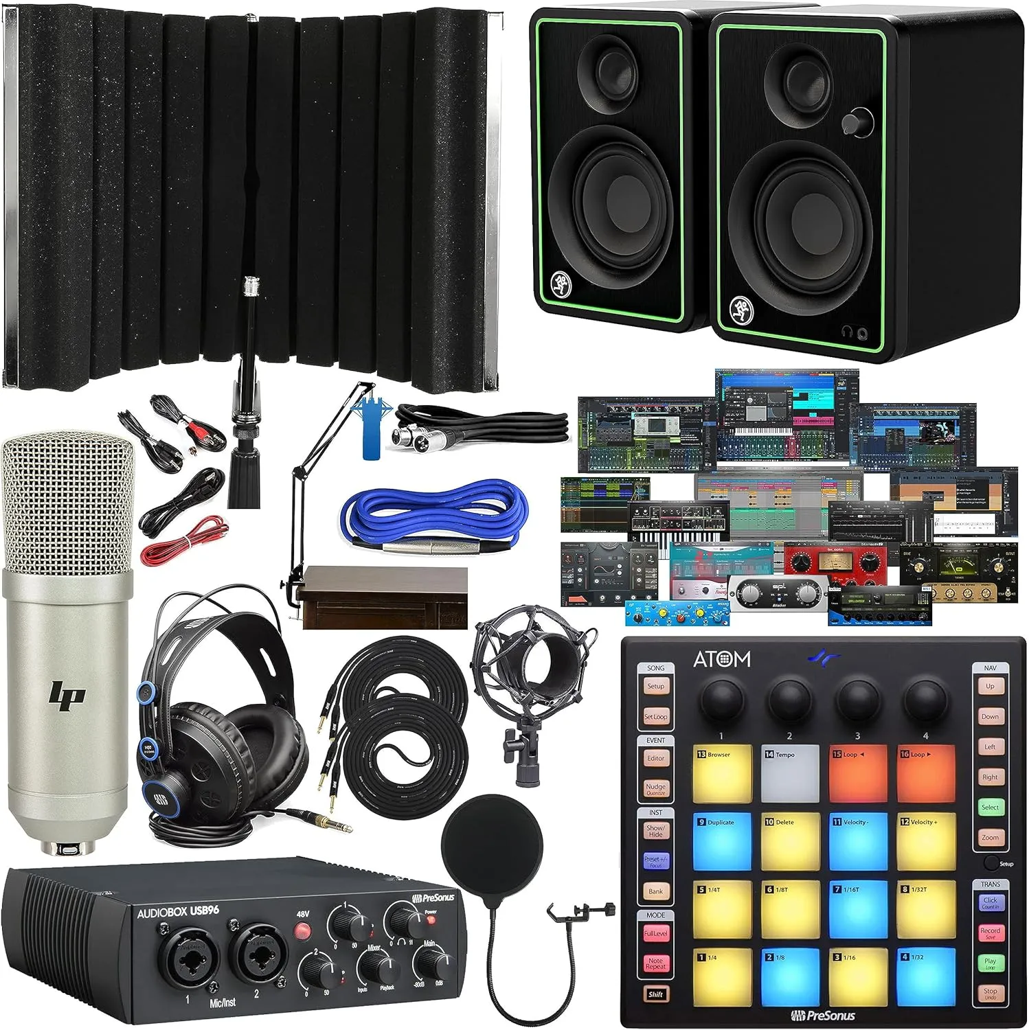 Presonus AudioBox 96 USB Audio/MIDI Interface with New Version Software Pack with CR3-XBT Multimedia Bluetooth Monitors, ATOM MIDI Pad Controller, Boom Arm   Headphones & Isolation Recording Shield
