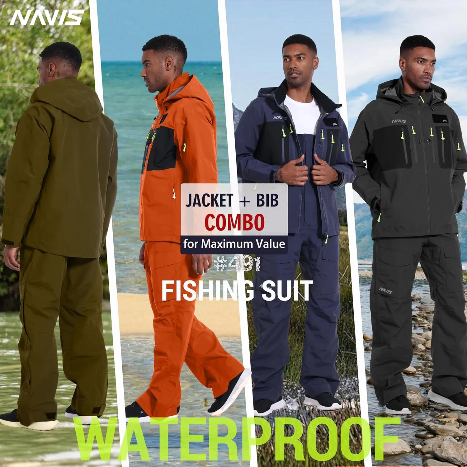 PRO Men's Fishing Rain Suit - 3-Layer Waterproof Breathable Wader Set Jacket&Bib Pant,Foul Weather Gear