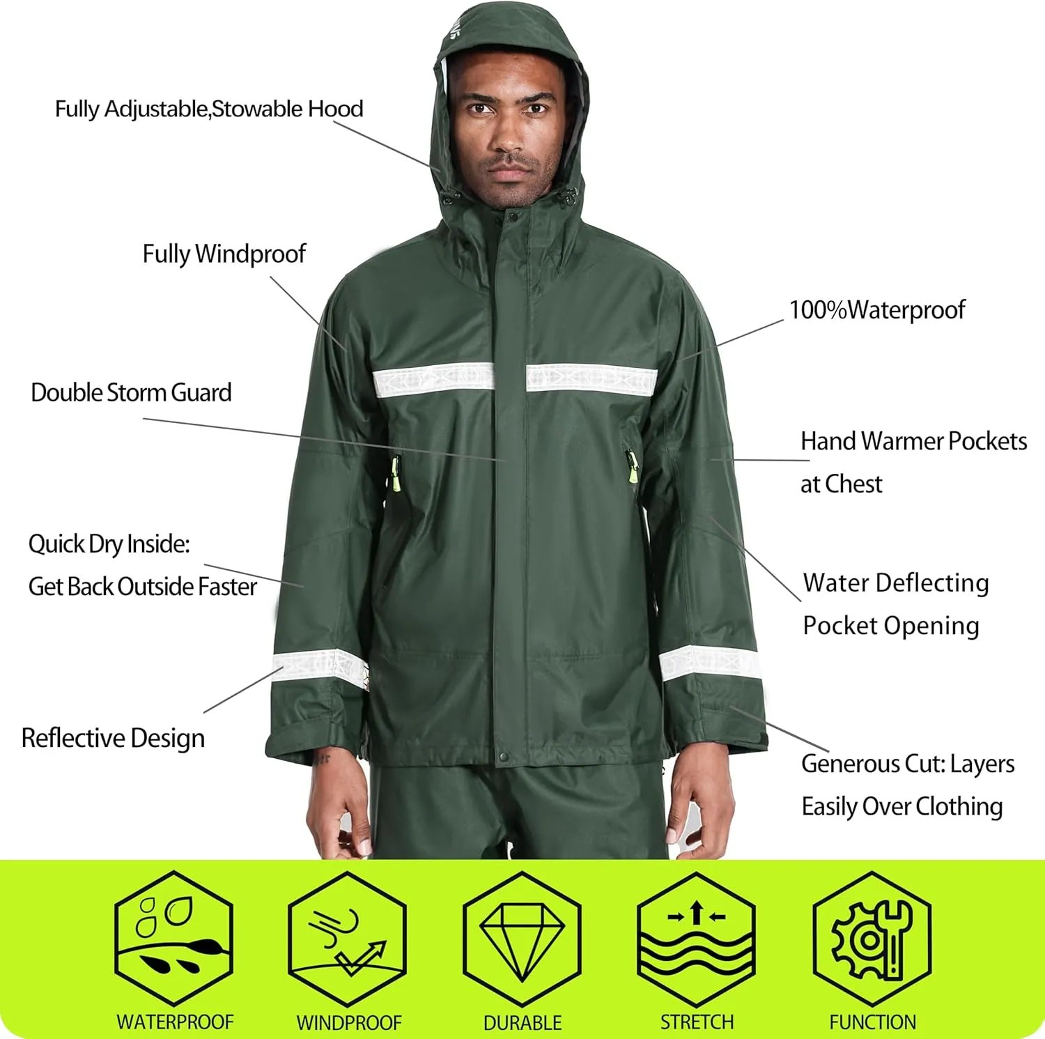 PRO Rain Suit-Waterproof Reflective Jacket & Elastic Pants Combo,Lightweight Breathable Foul Weather Gear