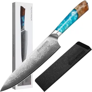 Professional Chef Knife 8 Inch, Ultra Sharp Damascus Kitchen Knife with Blue Resin Handle for Meat & Vegetable Cutting, Dishwasher Safe Knife Present Box for Family & Restaurant